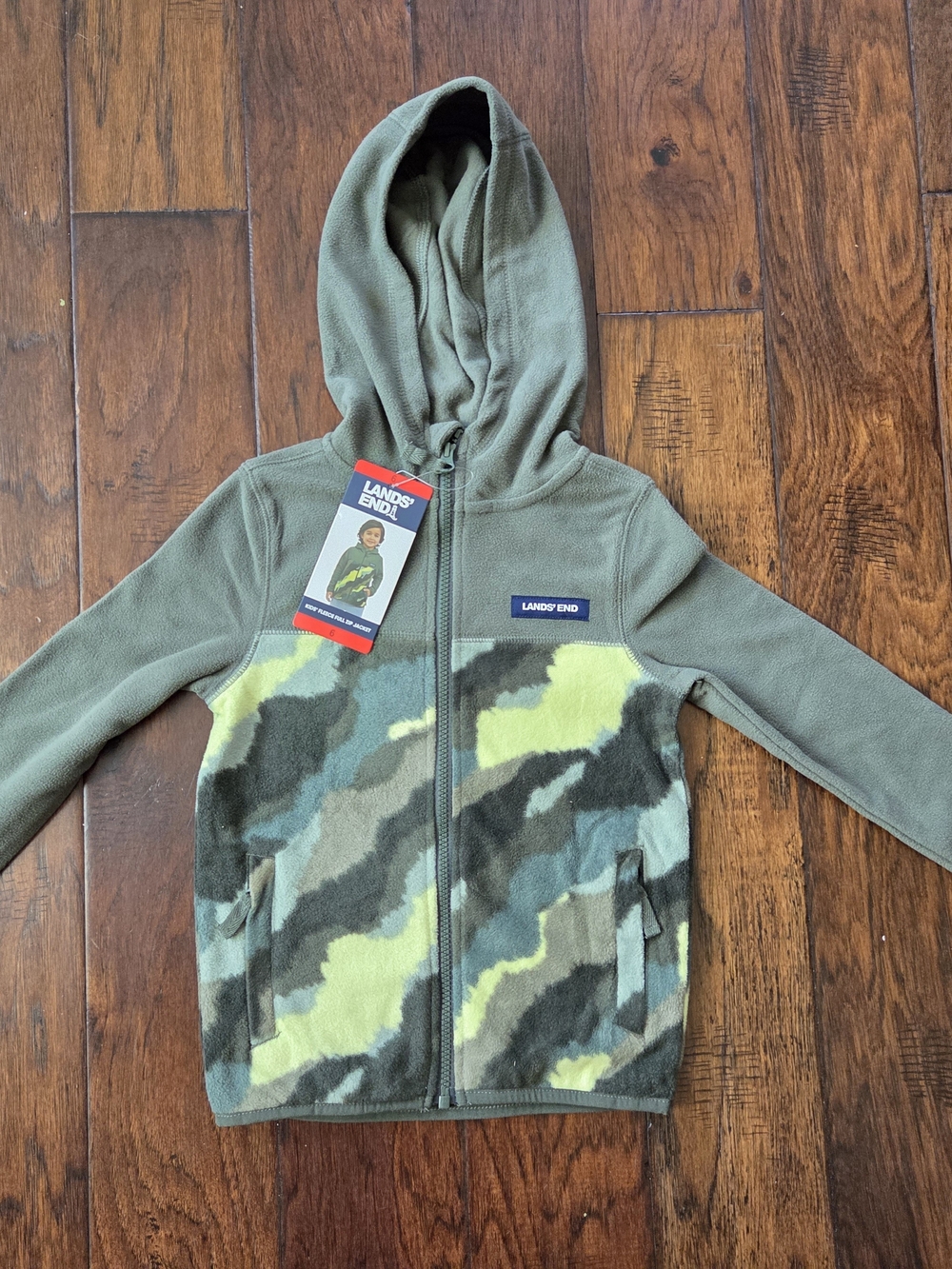 Lands’ End Kids Fleece Full Zip Hoodie Jacket Green Camo Size 6 NWT